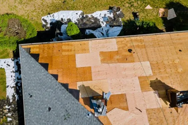 aerial view of a roof being replaced
