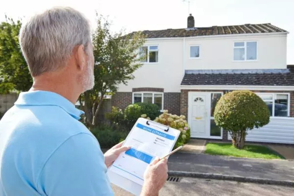New Braunfels Roofer holding a clipboard with a paper reading "work estimate" as he assesses a home