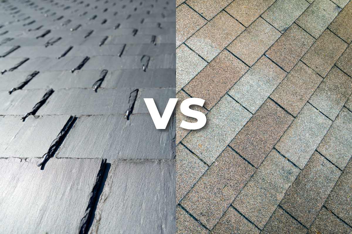 Close-up of slate tiles placed side-by-side by roofing contractors with asphalt shingles to compare materials for a roof repair in San Marcos TX