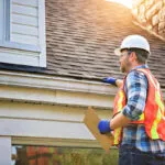 A worker wearing a hard hat and reflector vest is inspecting damage on a shingle roof.