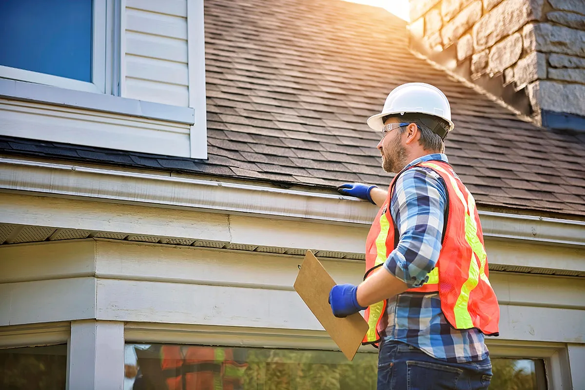 A worker wearing a hard hat and reflector vest is inspecting damage on a shingle roof.