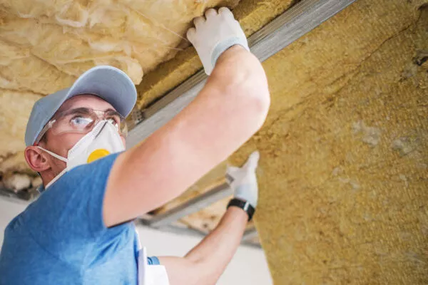 A worker wearing a face mask is installing insulation in an attic.
