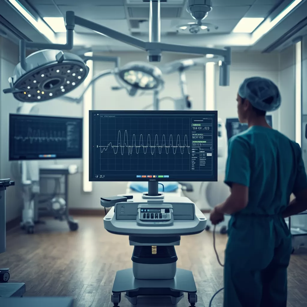 Intraoperative neuromonitoring professional reviewing real-time EEG and nerve signals in a modern surgical operating room.
