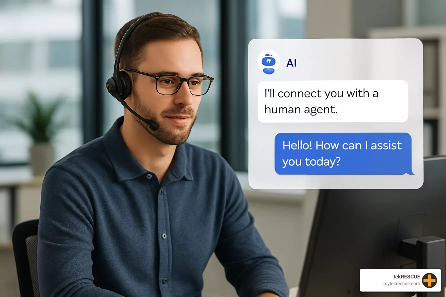Human agent receiving a customer conversation handoff from AI bot - ai for customer service Human agent receiving a customer conversation handoff from AI bot - ai for customer service