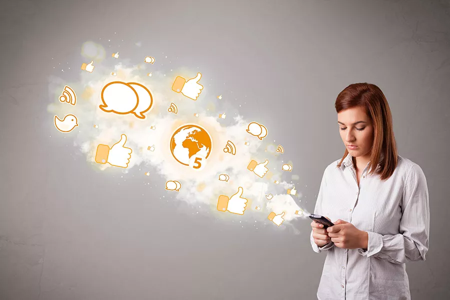 Woman hold phone with social media icons