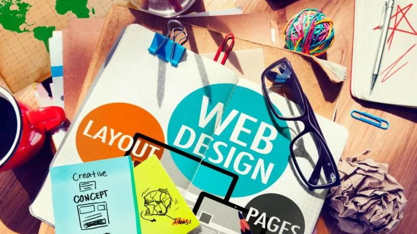 web design graphic logo with design elements and tools around it