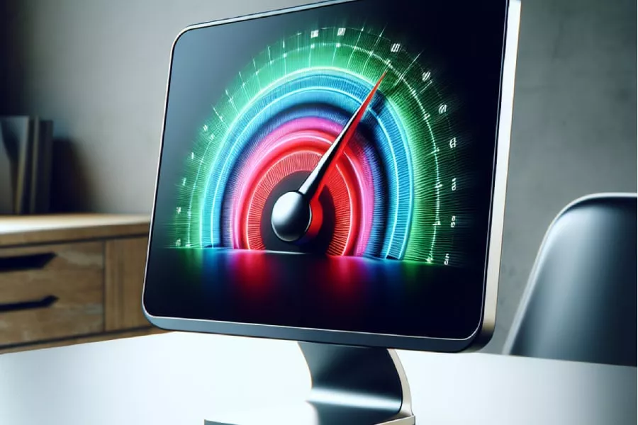 A monitor showing a spedometer, representing a faster computer after San Marcos computer repair services.