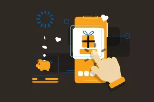 An Austin web design concept with interactive gift and savings icons on a mobile interface.