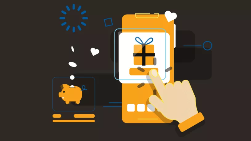An Austin web design concept with interactive gift and savings icons on a mobile interface.
