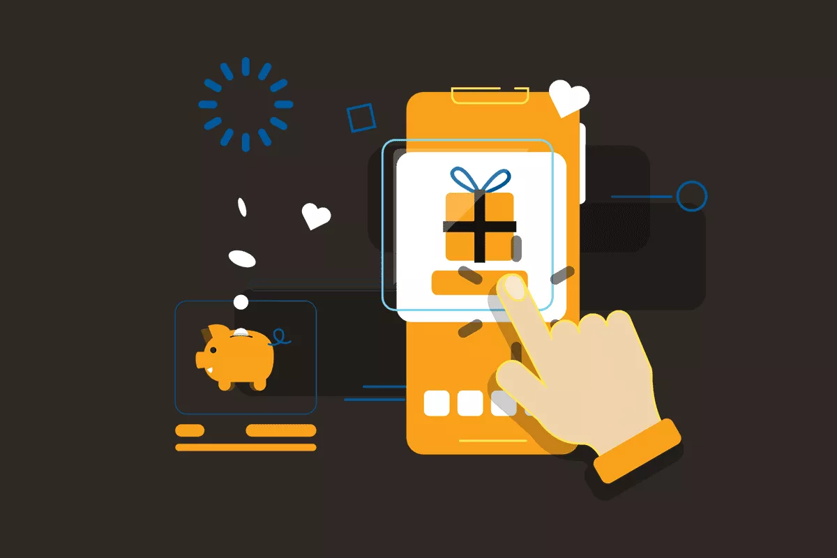 An Austin web design concept with interactive gift and savings icons on a mobile interface.