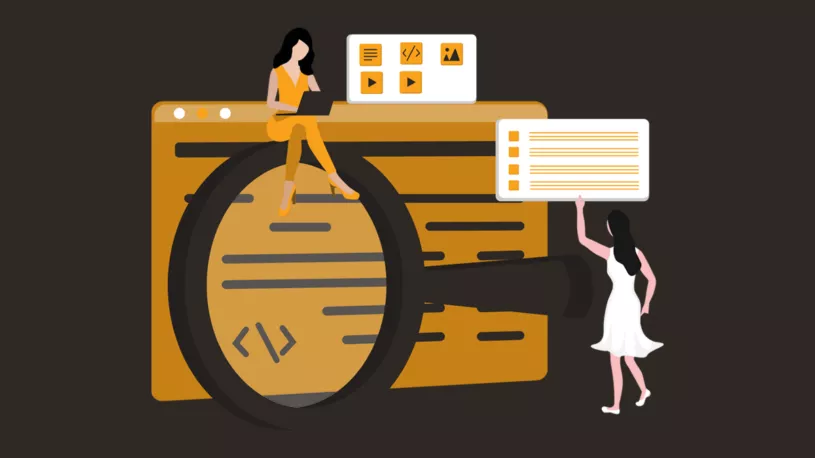 An illustration of women optimizing digital content for San Antonio SEO with large magnifying glass.