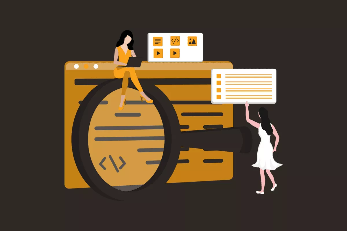 An illustration of women optimizing digital content for San Antonio SEO with large magnifying glass.