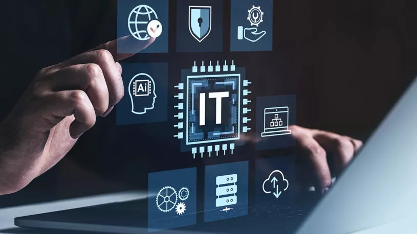 A person's hand interacting with a digital interface displaying various icons related to IT topics like AI, security, and data management, overlaid on a laptop.