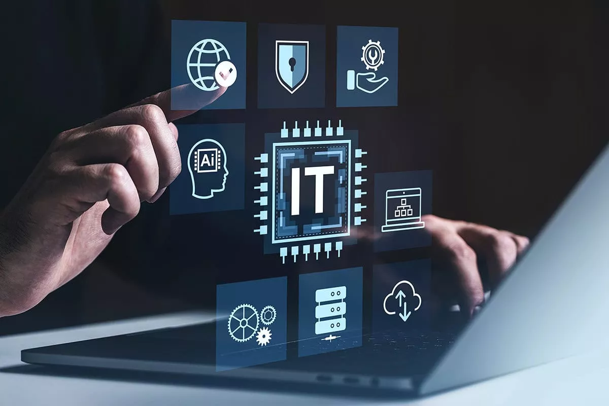 A person's hand interacting with a digital interface displaying various icons related to IT topics like AI, security, and data management, overlaid on a laptop.