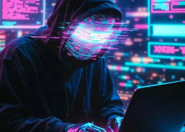 A person in a hoodie sits at a laptop in a dark room filled with neon lights, symbolizing cybersecurity and digital threats.