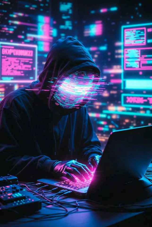 A person in a hoodie sits at a laptop in a dark room filled with neon lights, symbolizing cybersecurity and digital threats.