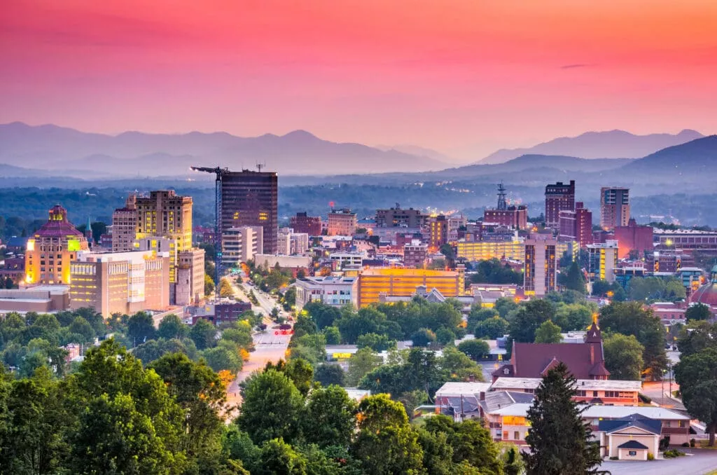 Asheville NC downtown with beautiful view of mountains