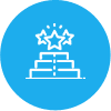 A white icon of three stacked blocks forming a podium on a blue background. There are three stars above the podium, with the center star being the largest and having rays emanating from it, symbolizing achievement and success.