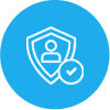 A blue icon featuring a white shield with a person silhouette inside and a checkmark badge on the lower right corner of the shield, representing security or verified user protection.