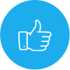 A blue square icon with a white outline of a hand showing a thumbs up gesture.