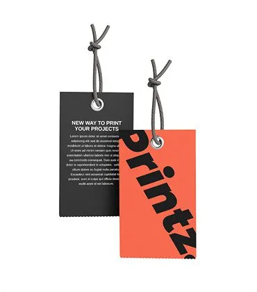 Two rectangular tags with rounded corners hanging by gray strings. The tag on the left is black with white text detailing a printing service. The tag on the right is orange with diagonal, bold black text reading "Printz.