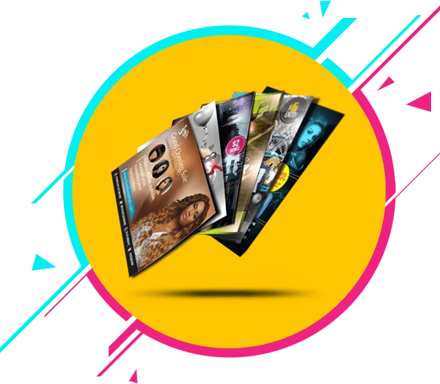 A colorful graphic featuring a stack of various event flyers and posters, fanned out against a bright yellow circular background with teal and magenta geometric accents. The flyers showcase different themes, including music and art events.