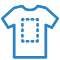 A blue icon of a T-shirt with a dashed square in the center, signifying customization options or editing.