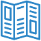 A blue icon depicting an open book. The image includes outlines of text lines on both visible pages, and a rectangular shape resembling a cover or another page. The lines suggest written content inside the book, giving a simple representation of reading material.