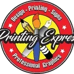 A circular logo with a red border and yellow background features the text "Design Printing Signs" at the top and "Professional Graphics" at the bottom. In the center, three tools — a pencil, paintbrush, and utility knife — are depicted. The text "Printing Express" is prominently displayed in the middle.
