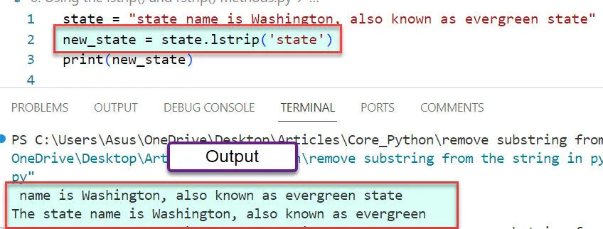 Remove a substring from a string in Python using the lstrip method Remove a substring from a string in Python using the lstrip() method