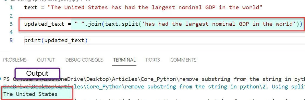Remove substring from string Python using split and join Remove substring from string Python using split() and join()