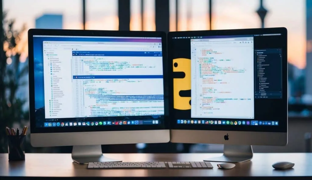 A computer screen split in half one side displaying JavaScript code and the other side displaying Python code with a web browser open in the background A computer screen split in half, one side displaying JavaScript code and the other side displaying Python code, with a web browser open in the background