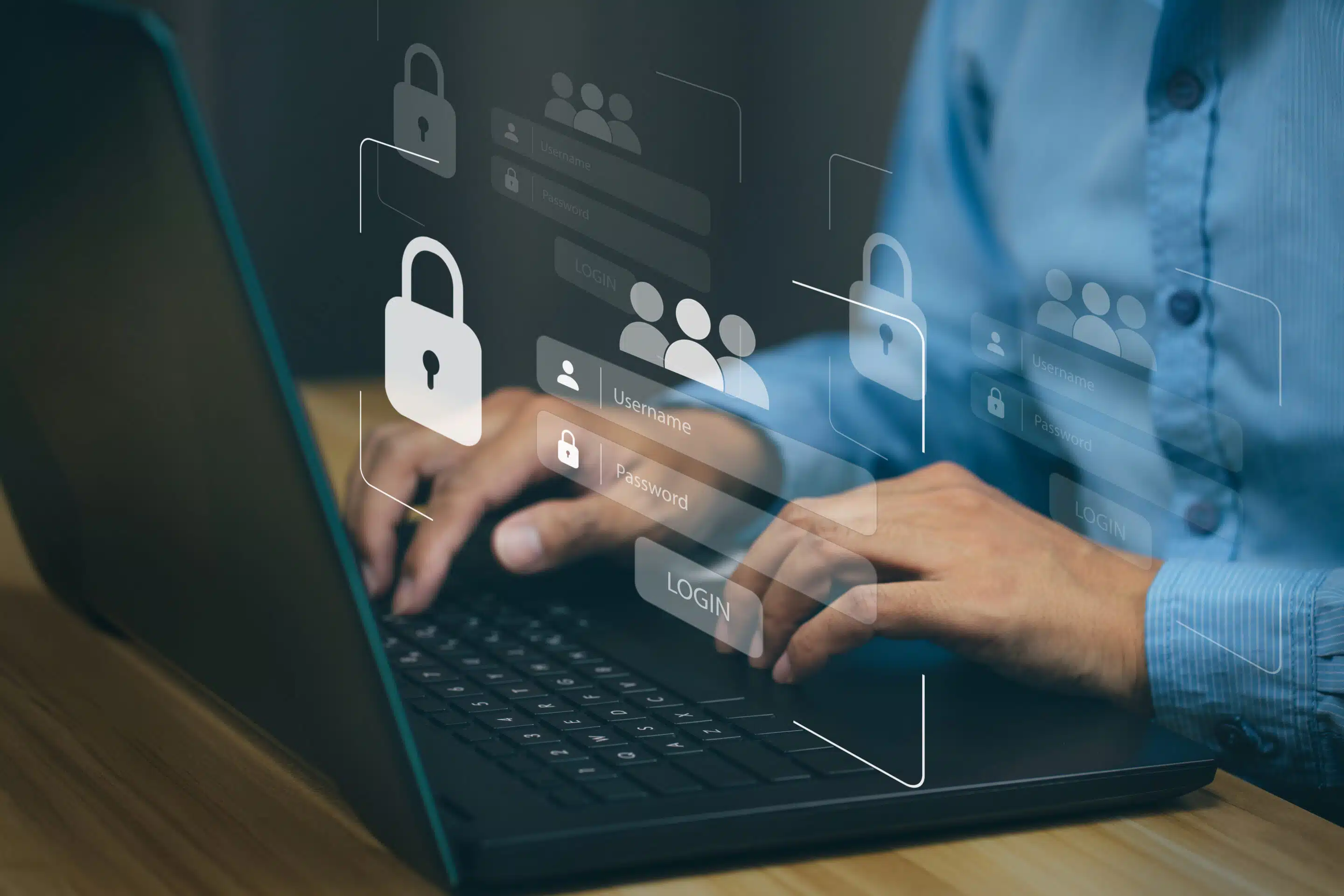 Businessmen protecting personal data on laptop and virtual inter