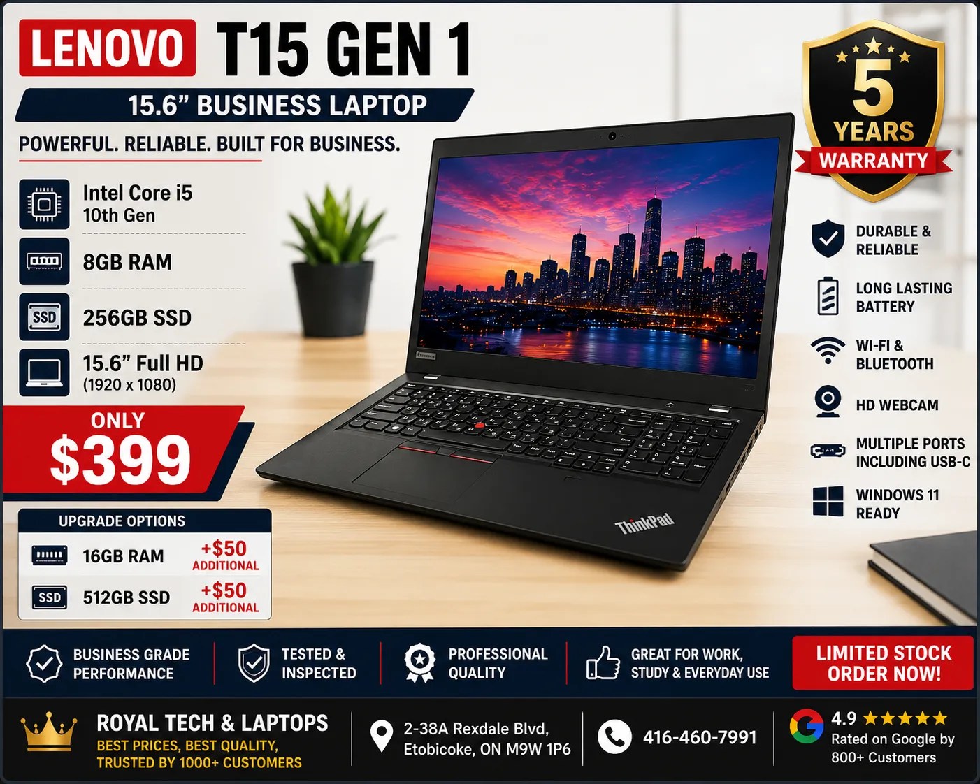 |Lenovo T15 G1 | i5-10 Gen | 8 GB RAM | 256 SSD | 🔥 BIG SCREEN. BUSINESS POWER. 🔥