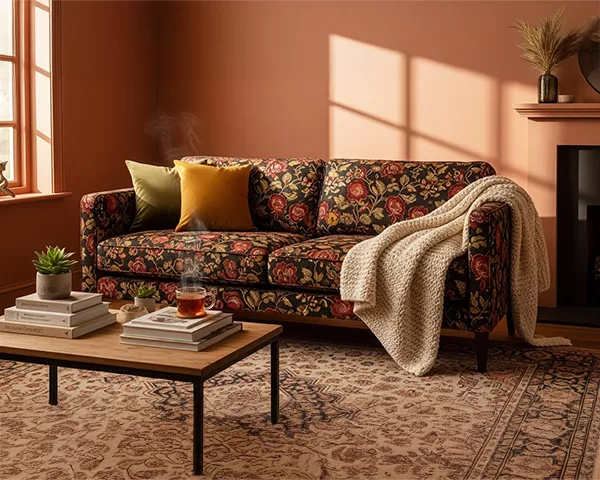 trendy bold floral patterned sofa in a cozy living room