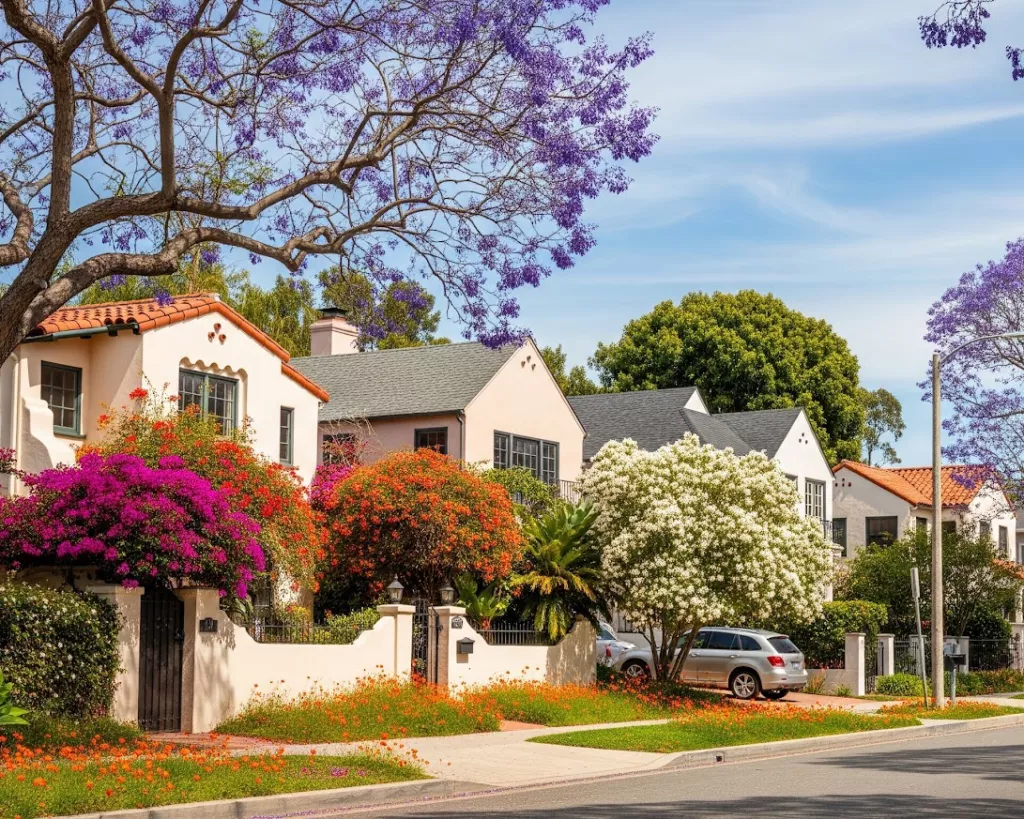 A row of suburban houses with colorful flowering trees and bushes, a parked car in a driveway, and a clear blue sky overhead.
