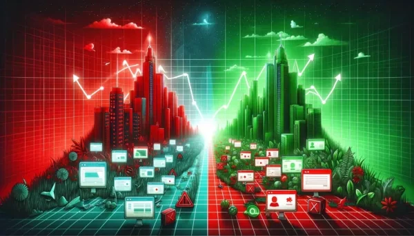 illustration of a website migration An image of a city with green and red buildings.