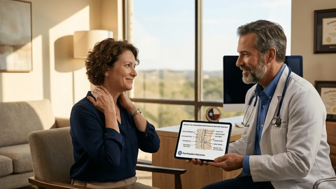 Can a Cervical Epidural Steroid Injection Relieve Neck and Arm Pain? 2 Patient with neck and arm pain consulting a doctor about a cervical epidural steroid injection