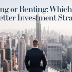 Man in suit overlooking city skyline with text about real estate investment