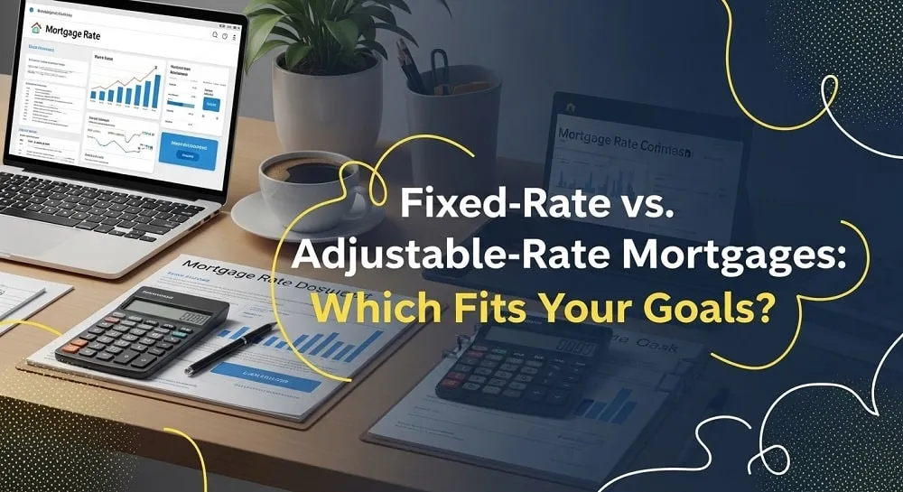 A workspace with laptops, charts, calculators, and coffee cups displays materials comparing fixed-rate and adjustable-rate mortgages.