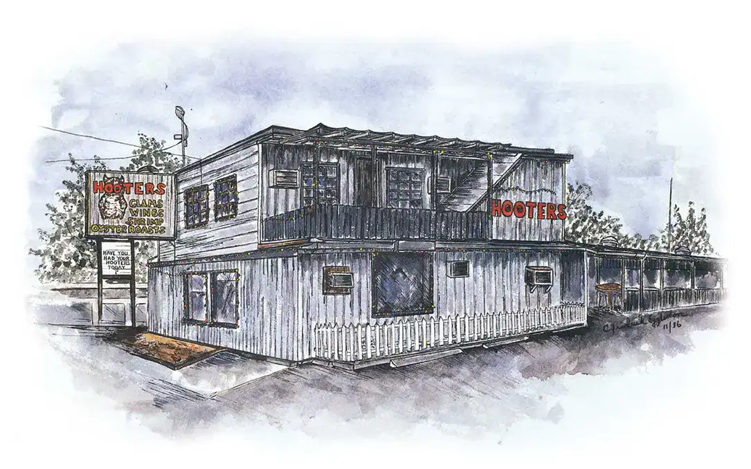 Original Hooters restaurant building illustration, featuring outdoor signage and rustic exterior, representing the iconic American sports bar and restaurant chain.