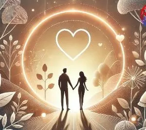 Silhouetted couple holding hands in glowing forest with heart symbol, representing Enneagram Couples Insights.