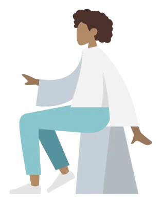 Illustration einer Person mit kurzen lockigen Haaren, die auf einer grauen Bank sitzt, ein weißes Oberteil, eine hellblaue Hose und weiße Schuhe trägt und nach links blickt, wobei ein Arm nach vorne ausgestreckt ist, als ob sie bereit wäre, aufmerksam zuzuhören.
