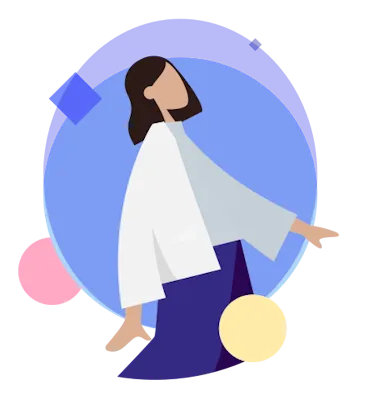 Illustration einer Person mit mittellangem dunklem Haar, die ein weißes Oberteil und einen blauen Rock trägt und vor abstrakten blauen, rosa und gelben Formen geht - perfekt für Themen wie Zuhören und achtsame Präsenz.