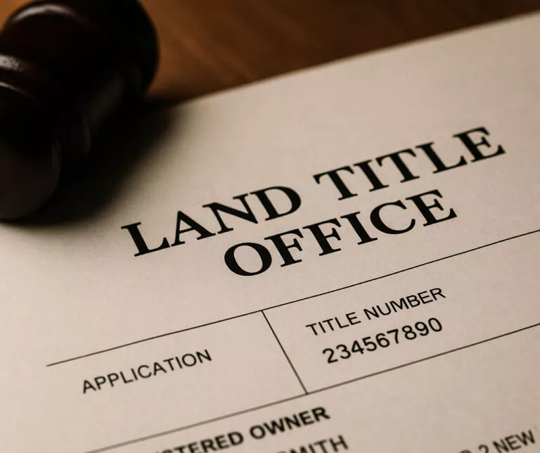 Close-up of a document from the Land Title Office showing an application with a title number, next to part of a wooden gavel.