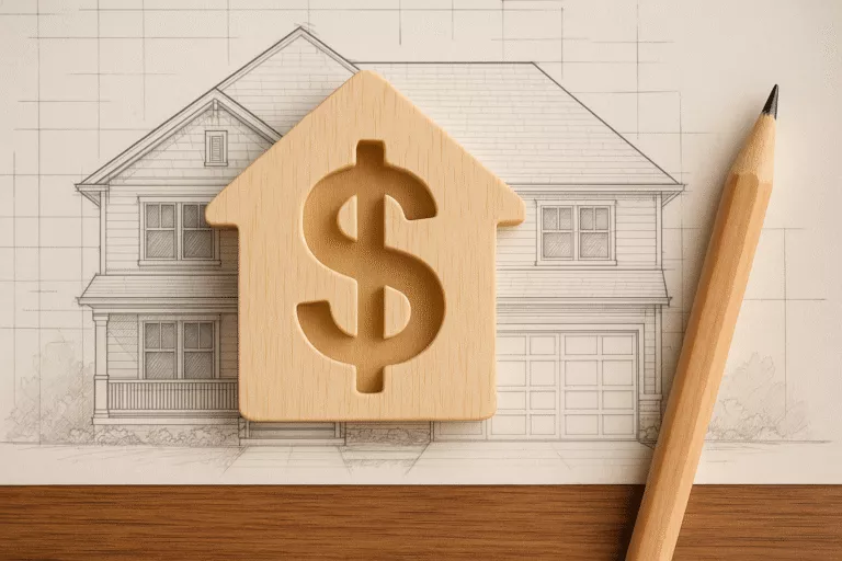A wooden house-shaped figure with a dollar sign cutout is placed on top of an architectural drawing of a house, next to a pencil on a wooden surface.