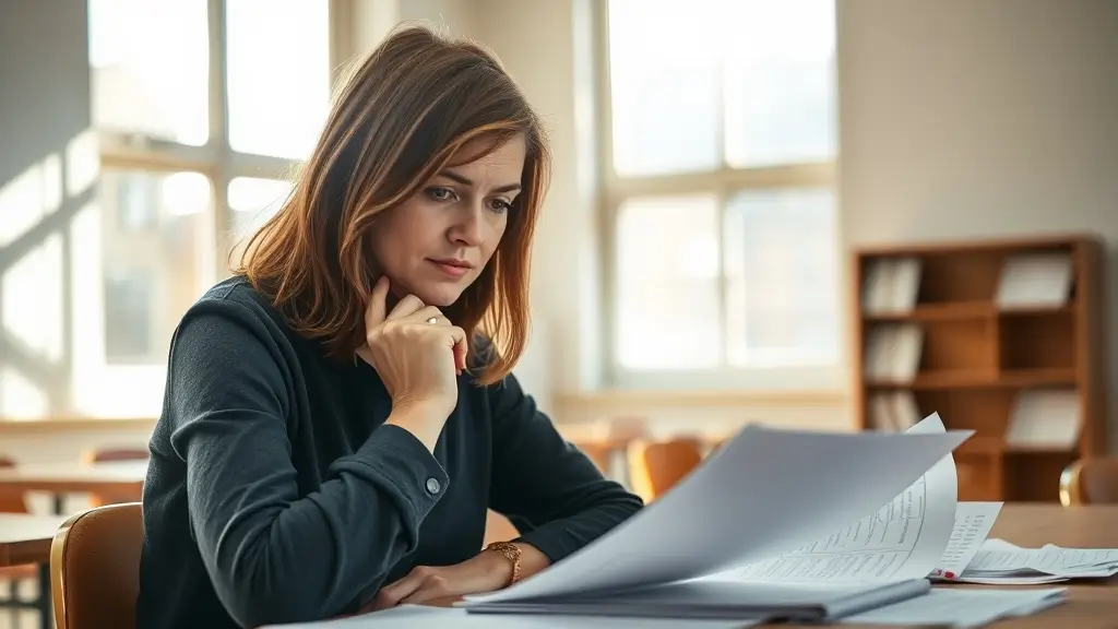 A female teacher reviewing a document with a puzzled expression