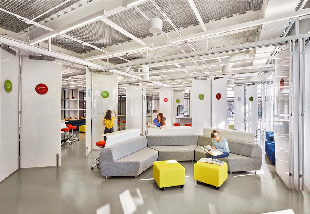 Open and flexible collaborative learning space with modular furniture. Germantown Academy
