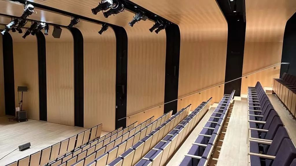 Teen room booths Modern auditorium with wooden interior design and tiered seating.