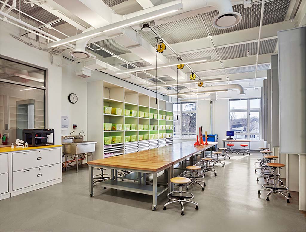 Spacious science laboratory classroom with modern equipment and organized storage. Science Laboratory Classroom at Germantown Academy.